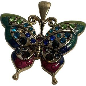 Vintage Butterfly Pendant With Colorful Rhinestones & Enamel Accents